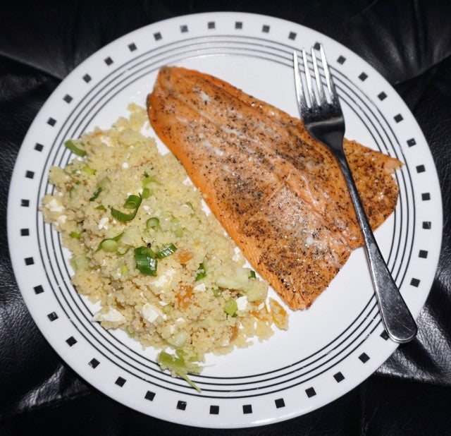Couscous Salad with Yummies in a Jar Vinaigrette and fresh Trout with our Maple Glaze